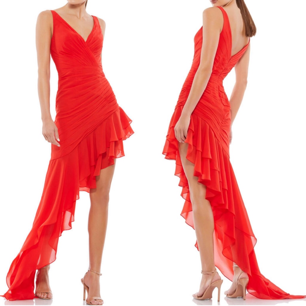 Mac Duggal Nwt 49487 Stunning Red Surplice Ruched Asymmetric Ruffle Dress Size 4